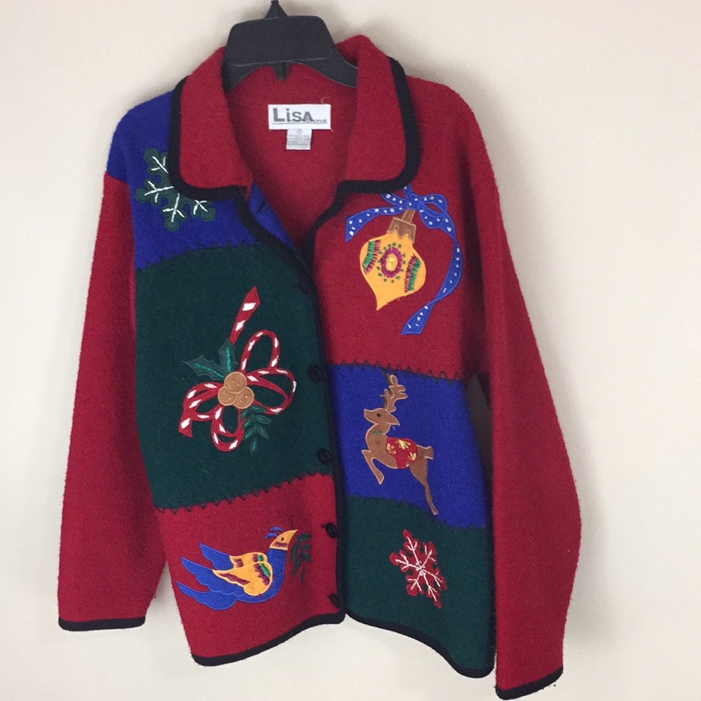 Lisa International Boiled Wool Christmas Holiday Color Block Jacket Size M